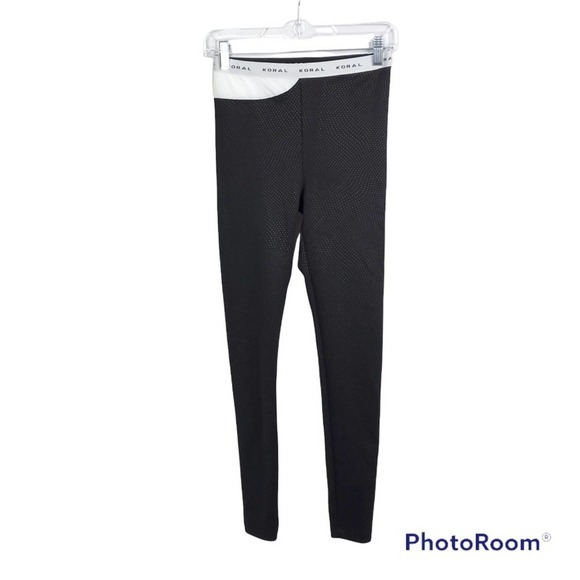 Koral solid black leggings with white waistband and upper side white mesh cutout - Picture 1 of 5